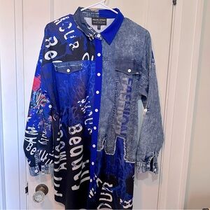 Frank Lyman Woven Abstract Print Button Down Blouse, Art to wear, Studded, Bold